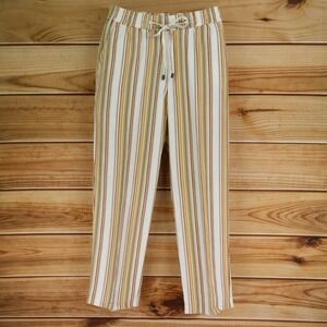 SOHO Apparel Linen Pants Womens S Brown Colorful Striped Elastic Waist Pockets